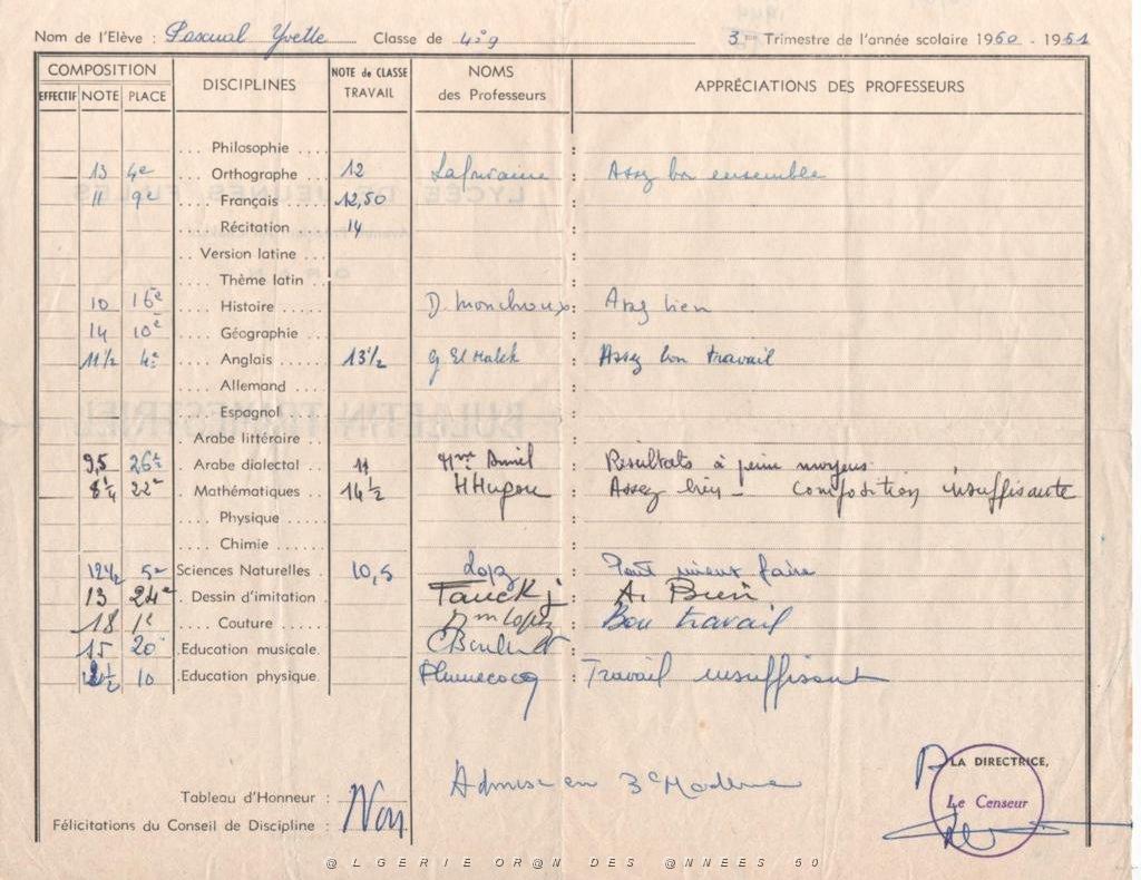 ORAN SCOLARITE COLLEGE MODERNE DE JEUNES FILLES 1960 4 EME G NOTE 3 EME TRIMESTRE.JPG